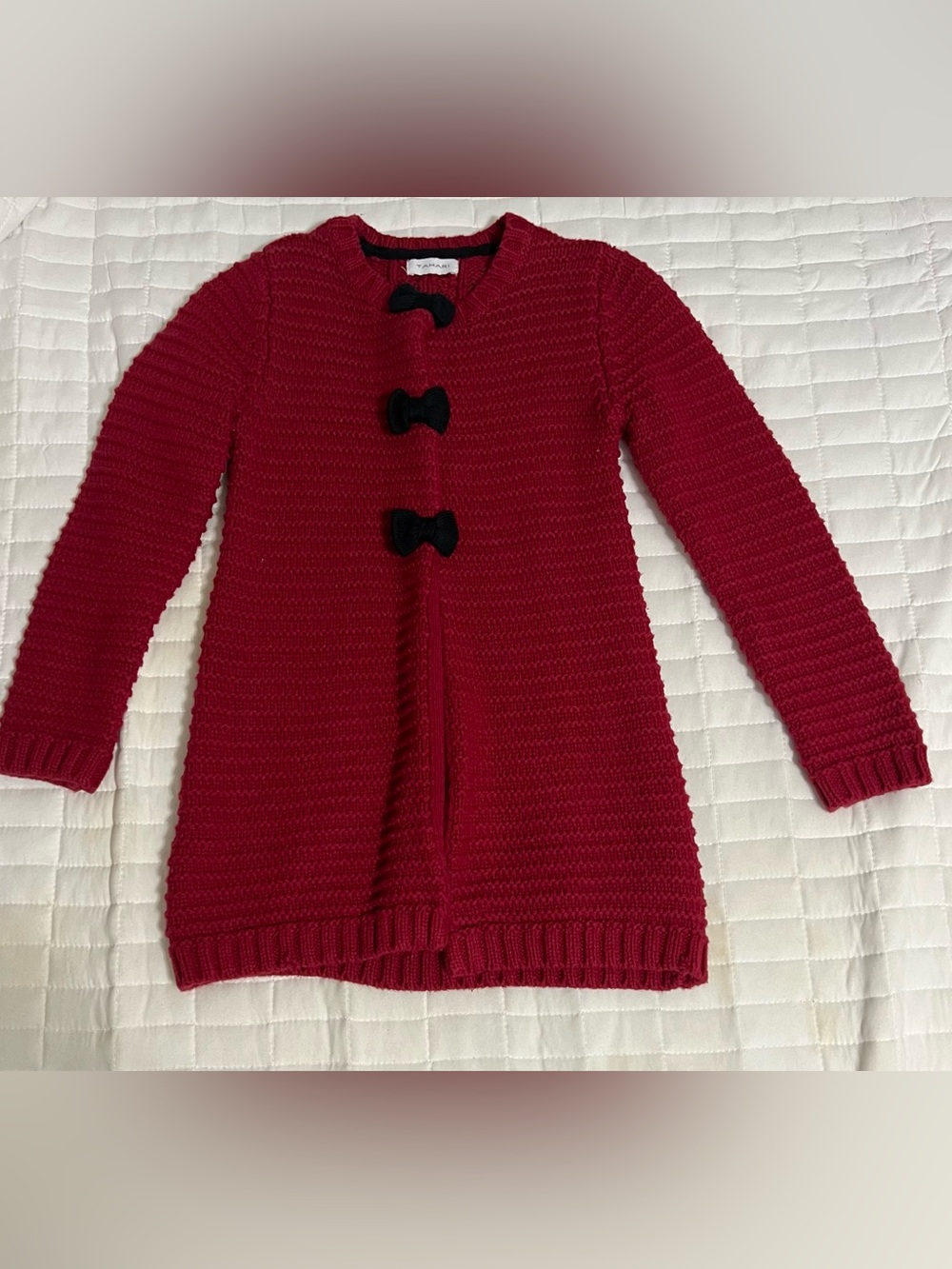 Tahari Sweater Red Knit Cardigan Black Bow Accent Snap Closure Size 2T